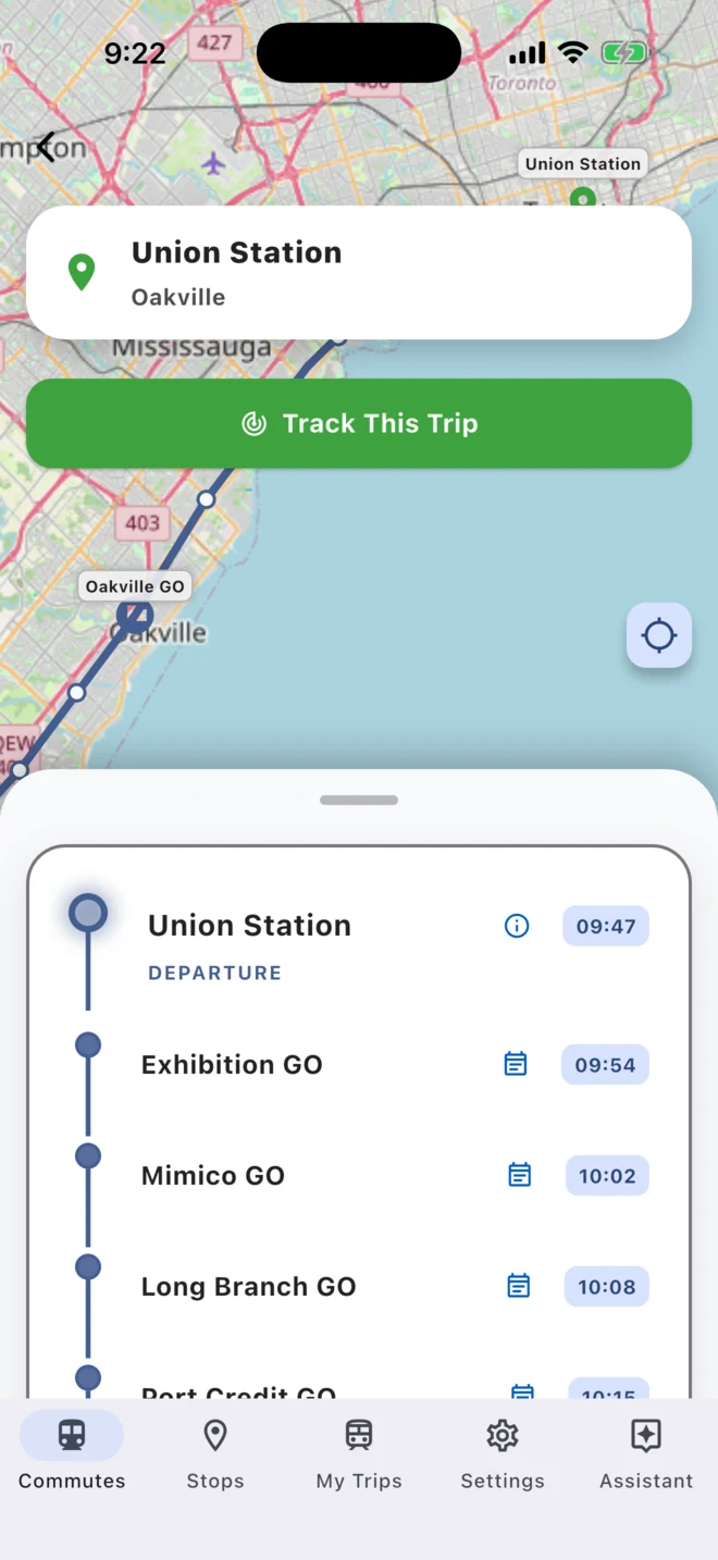 GoTrips showing a Lakeshore West train from Union Station to Oakville on a map, with every stop and its time