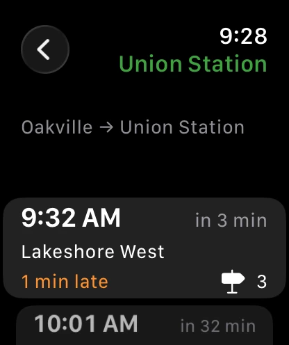 GoTrips on Apple Watch: the next train from Oakville to Union Station, one minute late, from platform 3